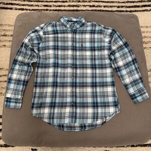 Izod Men's Blue and White Soft Flannel Button Down Shirt